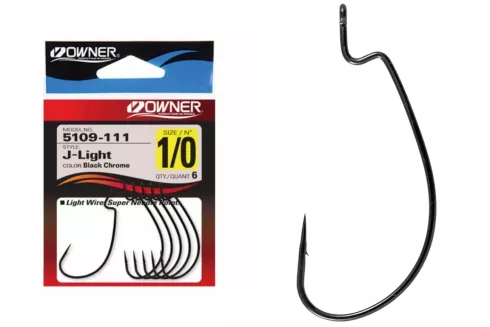 Гачки Owner J-Light Worm Hook 5109 №1/0 (6 шт/уп) Black chrome