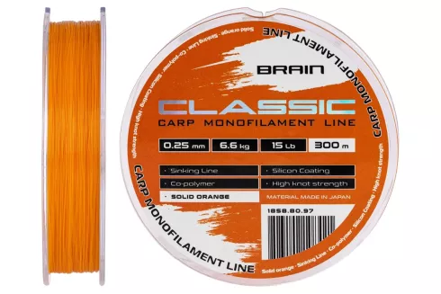 Волосінь Brain Classic Carp Line Solid orange 300м 0.25мм 6.6кг 15lb