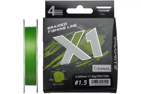 Шнур Favorite X1 PE 4x 150м #1.5/0.205мм 25lb/ 11.4кг (светло-зеленый)